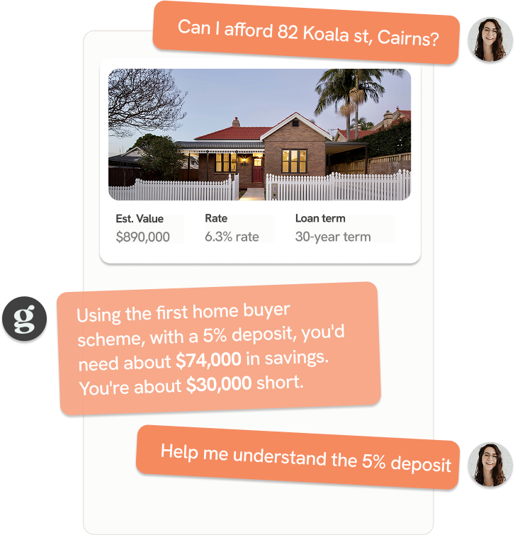 Guidy assessing 82 Koala St, Cairns: estimated value $890,000, interest rate and loan term, and a first home buyer scheme deposit scenario showing the savings gap